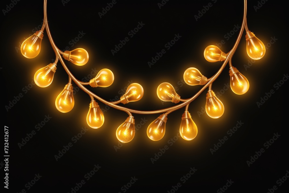 Poster A string of light bulbs illuminated on a black background. Perfect for adding a touch of brightness to any project