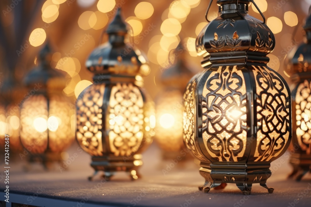 Poster A group of lanterns sitting on top of a table. Perfect for adding a warm and cozy atmosphere to any space