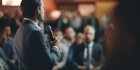 A man dressed in a suit speaking into a microphone. Ideal for presentations, public speaking events, conferences, or podcasts - obrazy, fototapety, plakaty