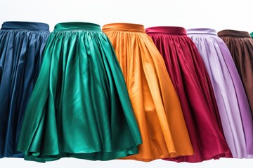 A row of different colored skirts on a white background. Ideal for fashion-related projects and clothing advertisements