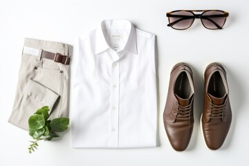 A picture of a pair of brown shoes, a white shirt, and a pair of sunglasses. Can be used for fashion, lifestyle, or summer-themed projects - Powered by Adobe