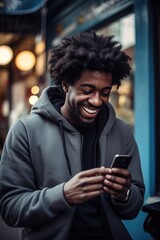 A man smiling while using his cell phone. Perfect for technology and communication concepts
