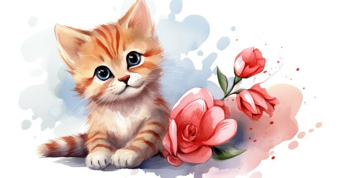 A painting of a cute kitten sitting next to a vibrant flower. Perfect for adding a touch of charm to any space