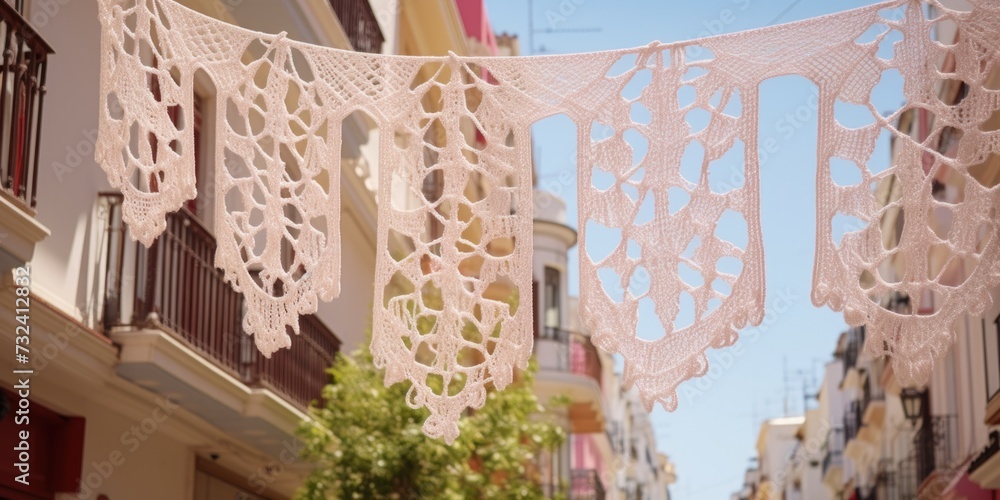 Poster a street with a bunch of white crocheted laces hanging from a line. this image can be used to depict