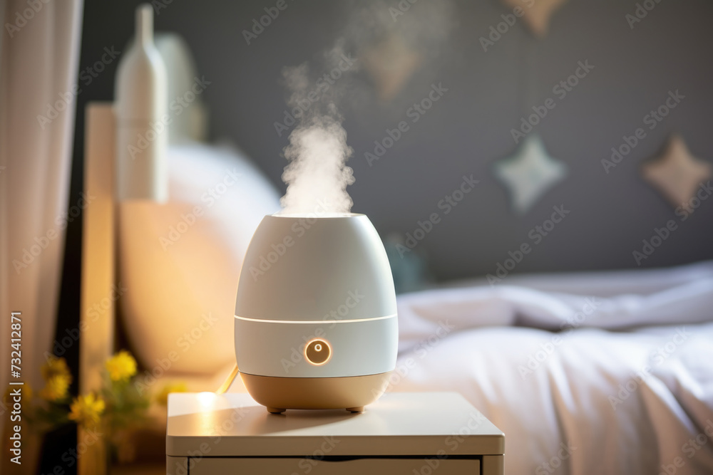 Poster A humidifier sitting on top of a nightstand, ready to provide moisture to the air. Ideal for improving air quality and creating a comfortable environment.