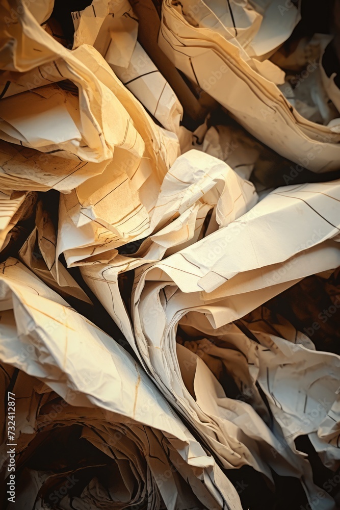 Poster A close up view of a pile of paper on a table. This image can be used for various purposes