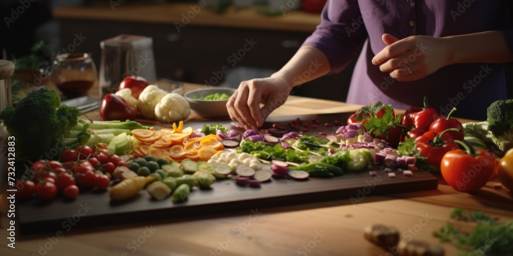 Poster a person is seen cutting vegetables on a cutting board. this image can be used for various cooking a