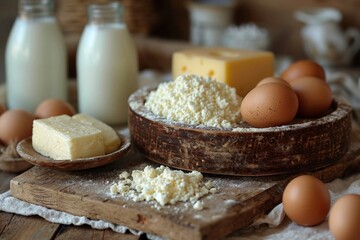 Fototapeta na wymiar Eggs, cheese, butter, milk on the table. Farm products