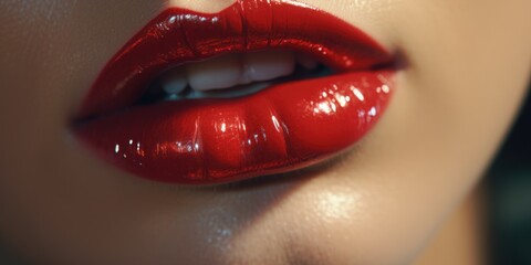 Obraz premium Close-up shot of a woman's lips with vibrant red lipstick. Perfect for beauty and fashion-related projects