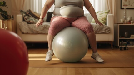 A woman sitting on top of an exercise ball. This versatile image can be used to depict fitness, balance, strength, or physical therapy