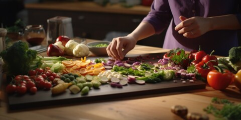 A person is seen cutting vegetables on a cutting board. This image can be used for various cooking and culinary-related projects