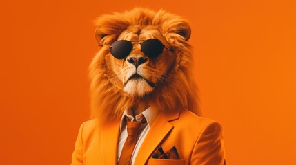 Lion dressed in a suit and sunglasses standing against an orange background. Perfect for business concepts or creative designs.