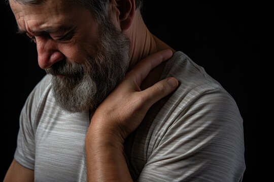 A man with a beard is holding his hand to his chest. This image can be used to depict emotions such as surprise, shock, or awe