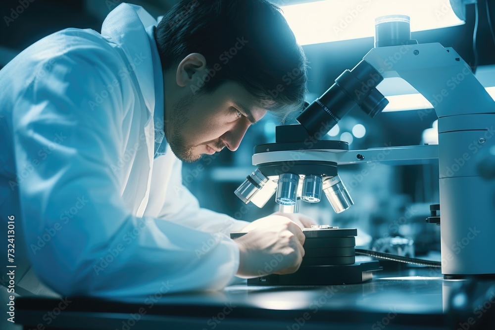 Poster A man in a lab coat carefully observes a specimen through a microscope. This image can be used to depict scientific research, laboratory work, or the study of microorganisms