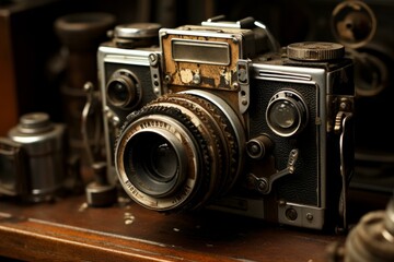 Fototapeta na wymiar Nostalgic Old camera closeup. Wood photo. Generate Ai