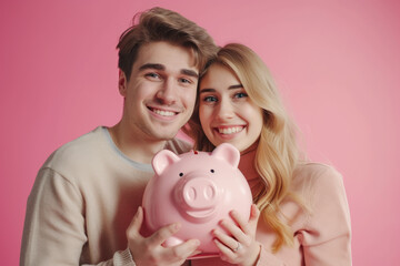 Portrait of a happy couple holding a piggy bank