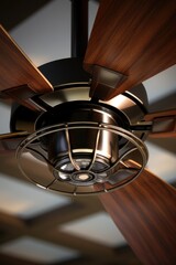 A close up view of a ceiling fan with wooden blades. Perfect for interior design or home improvement projects