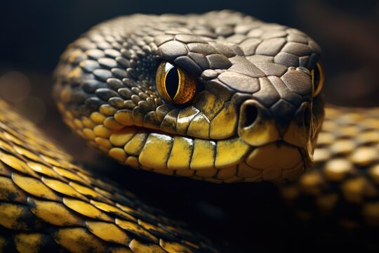 A close-up view of a snake's head against a black background. Perfect for educational or wildlife-themed projects