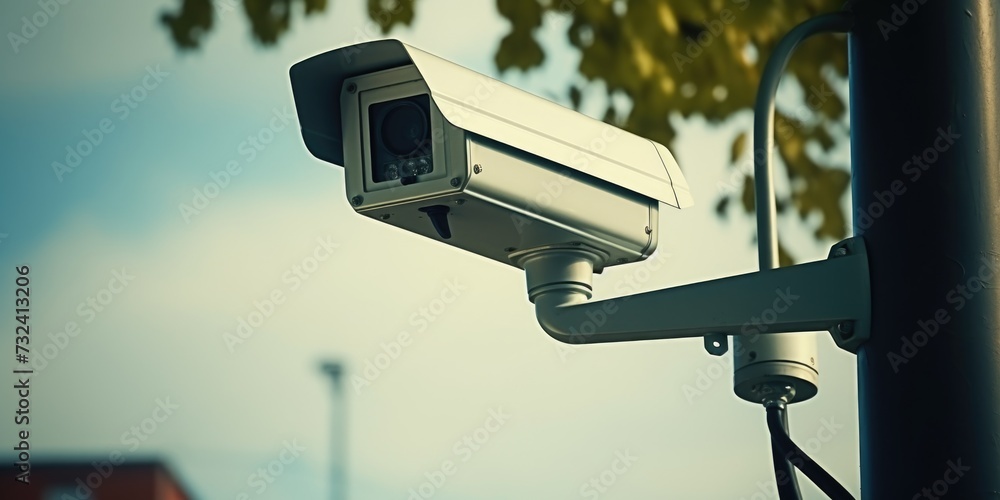 Aufkleber A security camera is seen attached to a pole, with a tree in the background. This image can be used to depict surveillance, security, or monitoring in various settings