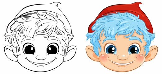 Cheerful Elf Character Before After Coloring