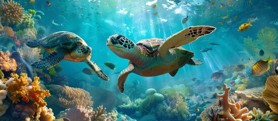 Obraz na płótnie Canvas Two loggerhead sea turtles swim underwater near a vibrant coral reef, showcasing the beauty of marine life and emphasizing the importance of underwater exploration.