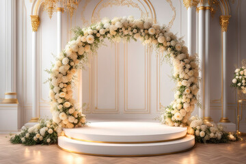 Empty wedding ceremony stage with arch and flowers decoration.