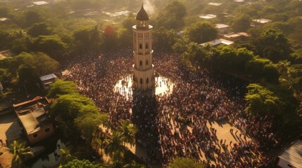 A large crowd of people gathered around a clock tower. Perfect for illustrating community events and city life