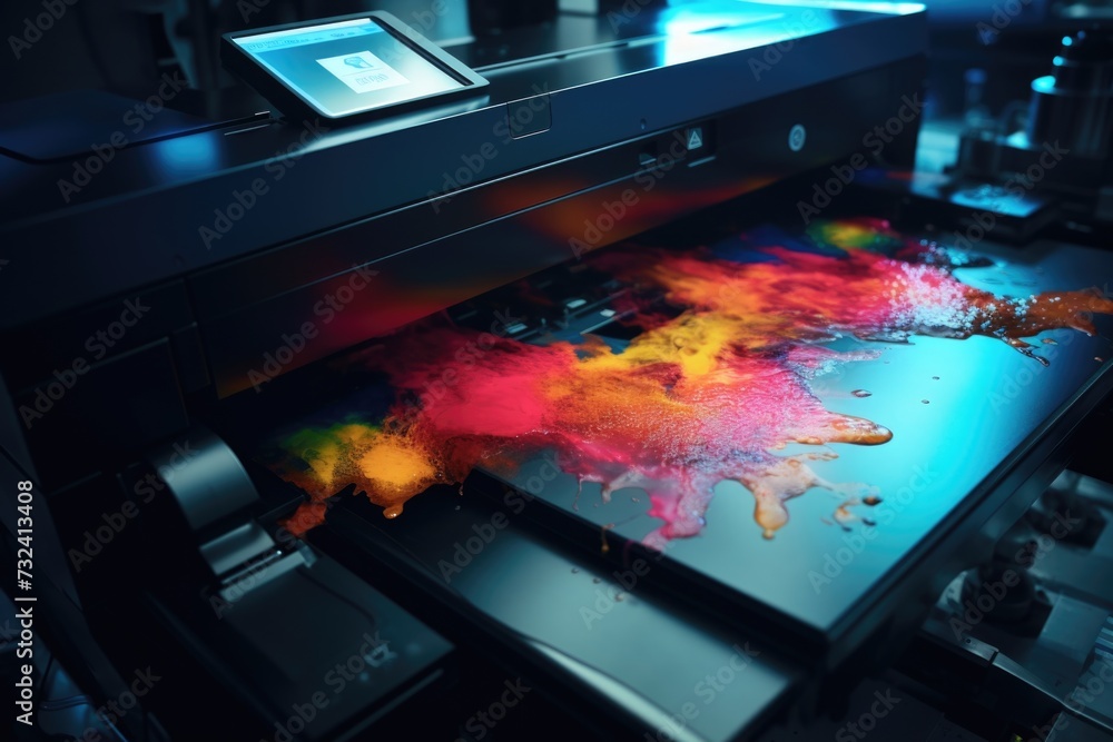 Poster a printer is shown in action, printing colored ink onto a sheet of paper. this image can be used to 