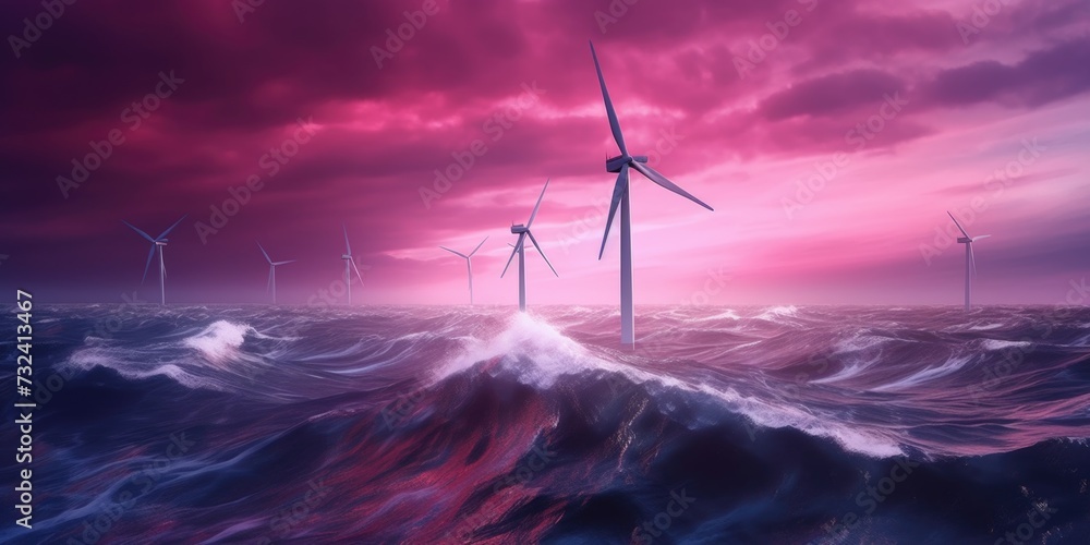 Poster wind turbines standing in the ocean, harnessing the power of the wind. suitable for renewable energy