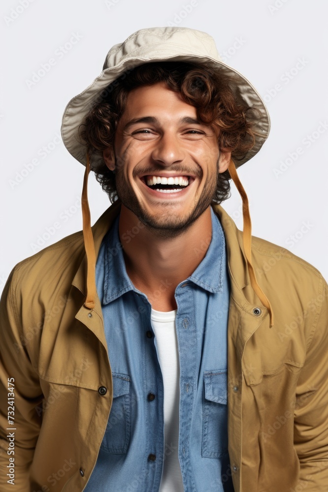 Poster a picture of a man with a friendly smile, wearing a hat and jacket. suitable for various uses