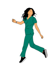 Female Doctor, nurse, paramedic in medical uniform scrub running, walking, hurry. Pretty woman hospital worker character. Vector colored outline hand drawn illustration on transparent background.