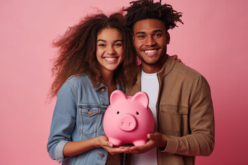 Portrait of a happy couple holding a piggy bank