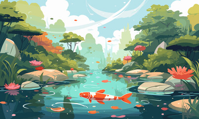 peaceful Japanese garden with koi pond vector isolated illustration