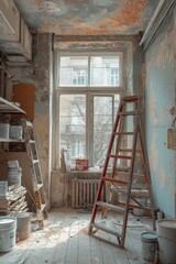 An empty room with a staircase and a painted wall. The interior of a room with unfinished repairs