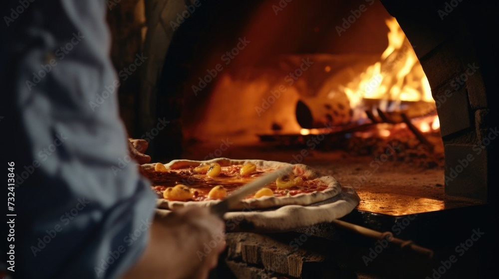 Aufkleber a person is shown putting a pizza into a pizza oven. this image can be used to showcase the process 