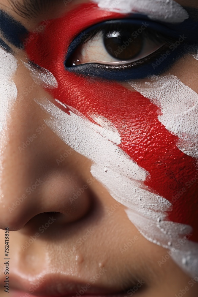 Poster a detailed close-up image of a person with a painted face. this picture can be used for various crea