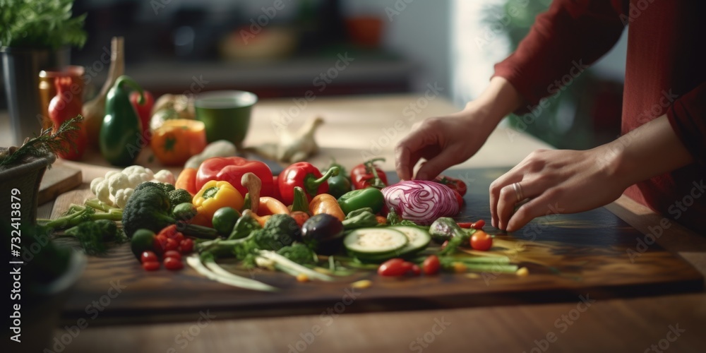 Poster a person is seen cutting vegetables on a cutting board. this image can be used in various cooking an