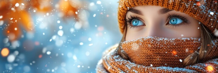 Beautiful Middle Age Woman Wearing Winter, Background Banner