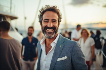 A smiling man in a suit standing on a boat. Can be used for business, travel, or leisure concepts