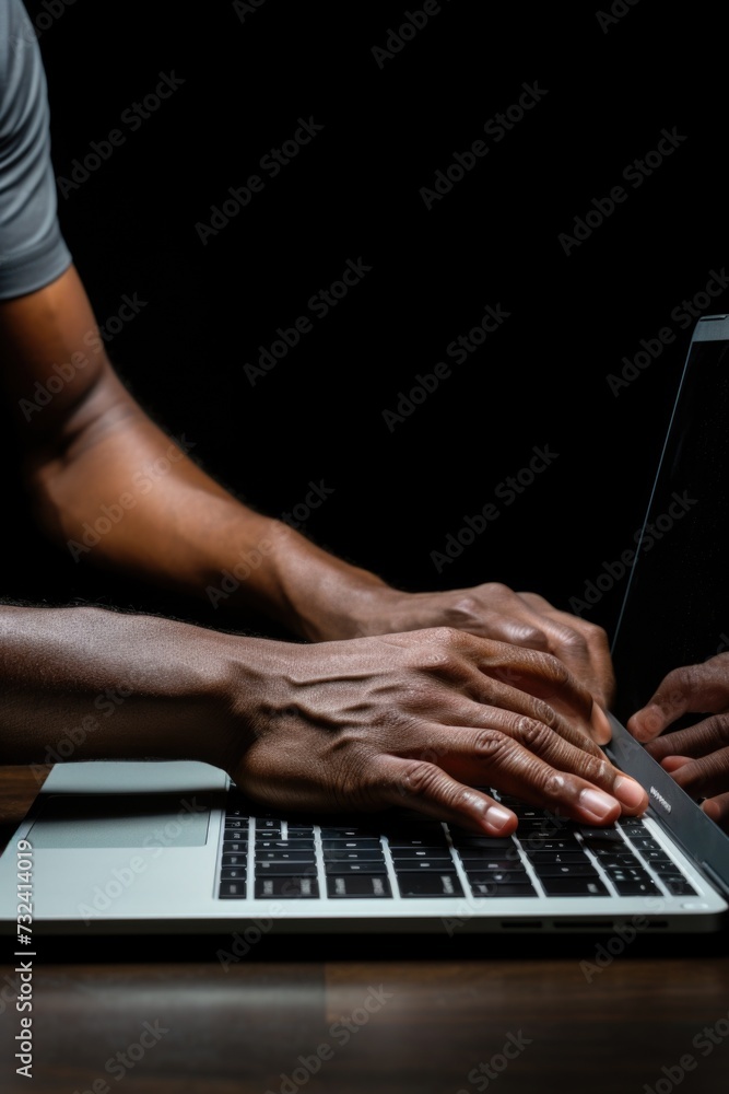 Poster A person is typing on a laptop computer placed on a table. This image can be used to depict work, productivity, technology, or remote working