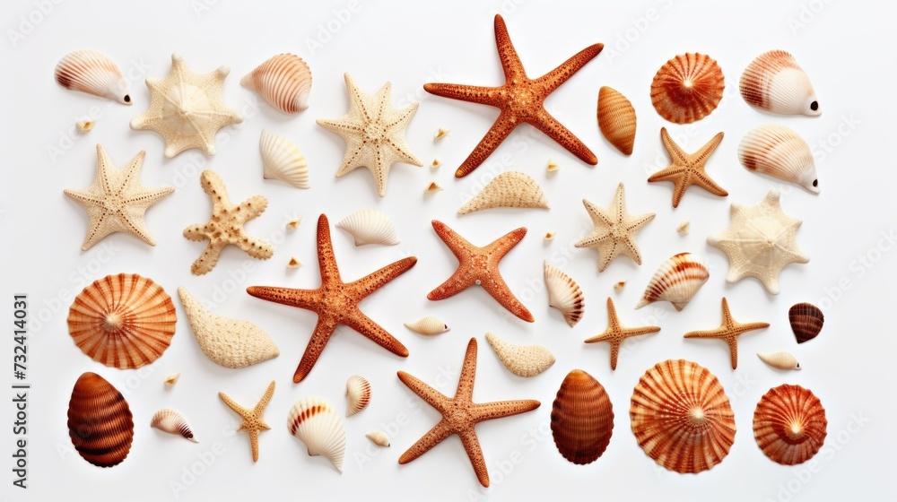 Poster A collection of sea shells arranged on a white surface. Suitable for various projects and designs