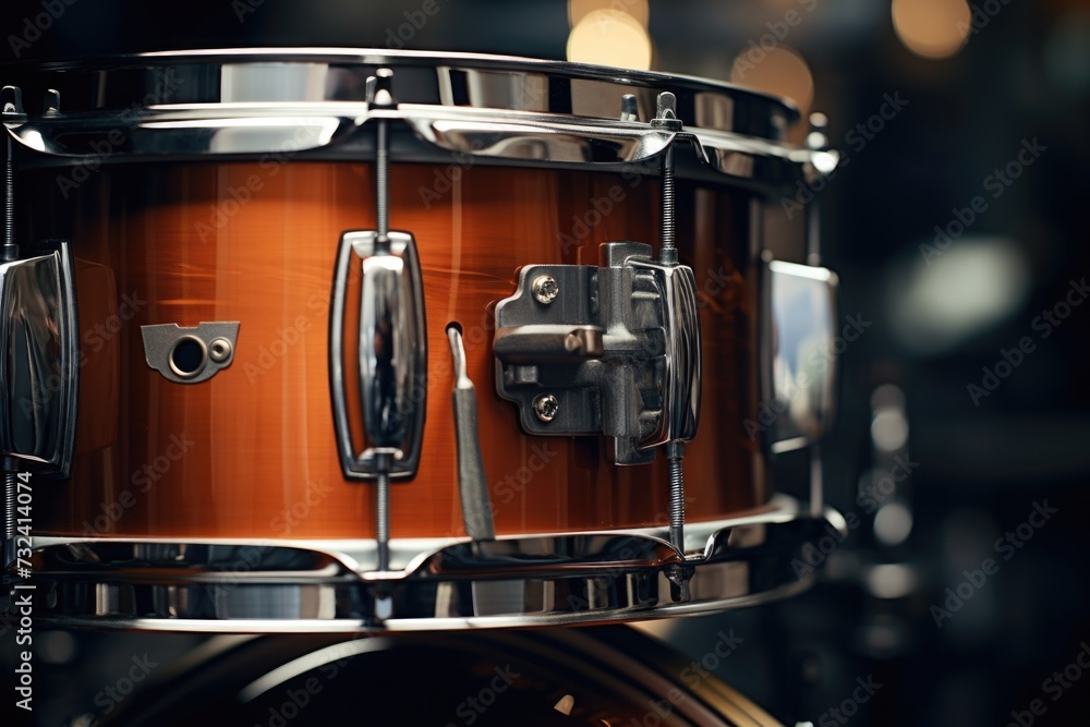 Poster A detailed view of a snare on a drum. Perfect for music-related projects