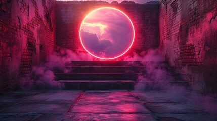 Pink Sunset Over Brick Wall: A Neon-Glowing Sculpture of a Sunset Generative AI