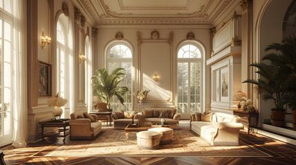 A German style living room with ornate gold details, large windows, and plush furniture. - obrazy, fototapety, plakaty