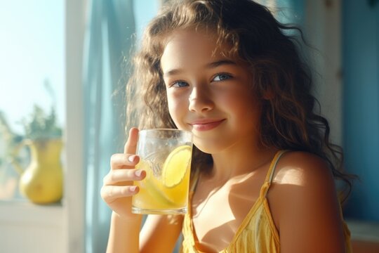 A young girl holds a glass of refreshing lemonade, perfect for a summer day. This image can be used to depict the joy of childhood or to promote a cool beverage