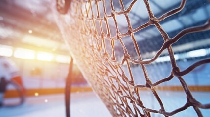 A detailed close up of a net on a hockey rink. Perfect for sports-related designs and hockey-themed projects - obrazy, fototapety, plakaty
