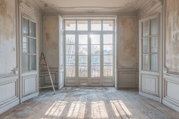 An empty room with a staircase and a painted wall. The interior of a room with unfinished repairs