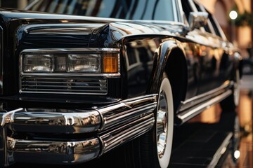 A black car parked on the side of the road. Suitable for automotive, transportation, or urban scenes