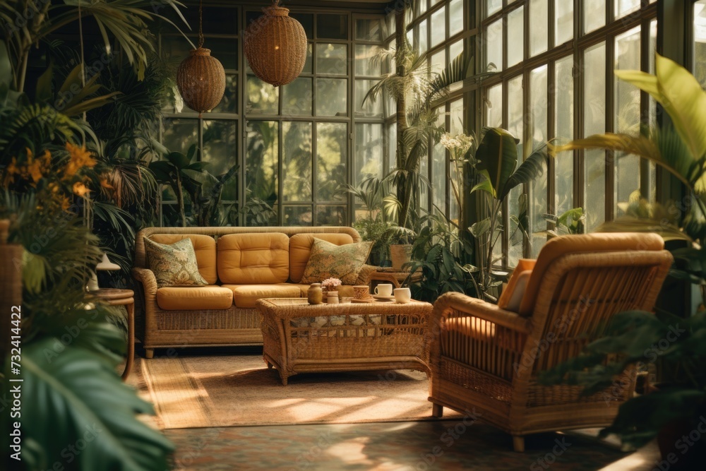 Poster a warm and inviting living room adorned with an array of furniture and an abundance of vibrant plant