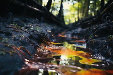 A stream flowing through a lush forest, filled with abundant water. Perfect for nature and outdoor-themed projects